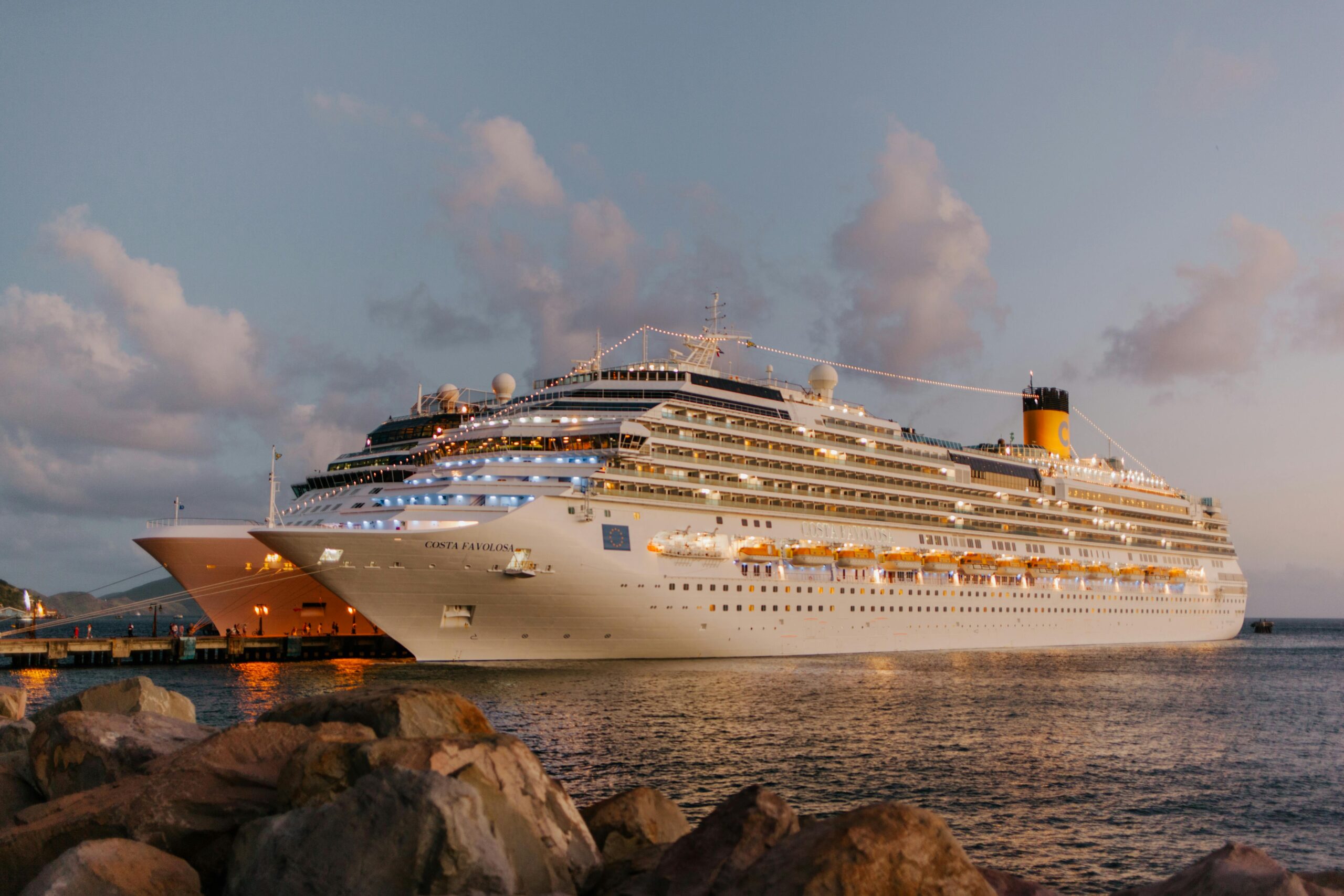 Beautiful cruise ships docked at sunset, offering a luxurious travel experience.